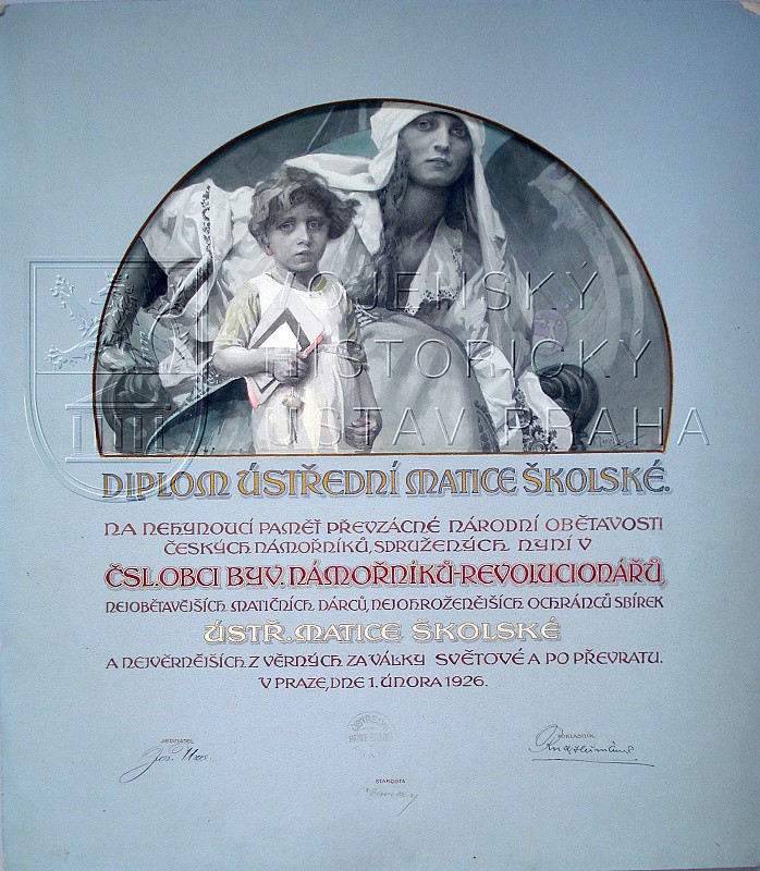 Mucha Alfons: Návrh Diplomu Ústřední Matice školské; 1926