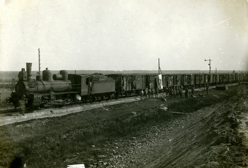 Transportní vlak, jenž vyjel 14. června 1917 ze stanice Sarny, kde se před odjezdem na frontu soustředil štáb Čs. střelecké brigády spolu s 1. čs. střeleckým plukem. Na snímku je viditelný rozvinutý prapor 1. čs. střeleckého pluku. FOTO: sbírka VHÚ
