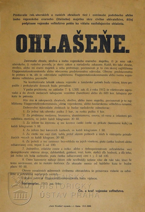 Vyhláška „Ohlašeňe. Výkup nalezených zbraní“.