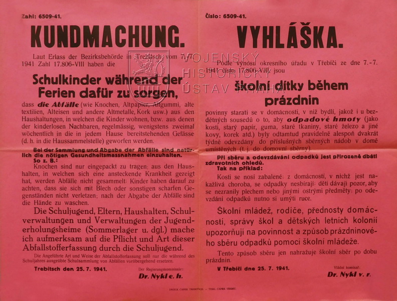 Vyhláška o povinném prázdninovém sběru odpadků školní mládeží, 1941