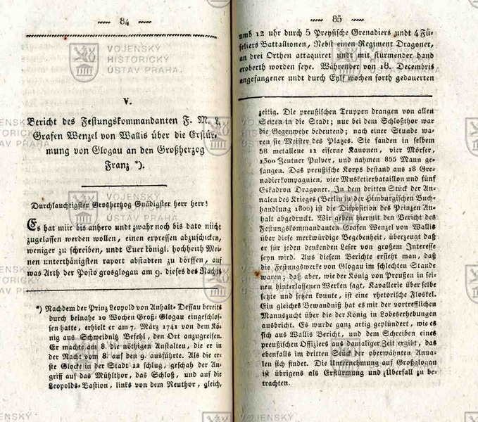 Bericht des Festungskommandanten F. M. L. Grafen Wenzel von Wallis über die Erstürmung von Glogau an den Grossherzog Franz