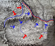 Pohledová mapa Rumunska názorně zachycuje nejen terénní ráz nového bojiště, ale i průběh operací. Modrá linie táhnoucí se cípem Sedmihradska označuje nejzazší postup rumunské ofenzívy k 18. září 1916. Následný protiútok Ústředních mocností rumunské vojsko do konce roku zatlačil až za červeně vyznačenou linii. (VHÚ Praha)