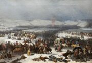 Zobrazenie prechodu Bereziny, katastrofálneho záveru Napoleonovho ťaženia proti Rusku. Clausewitz bol svedkom tejto udalosti.