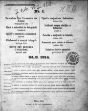 Titulní strana prvního čísla Zpráv o raněných a nemocných. Do zániku tohoto periodika v listopadu 1917 vyšlo celkem 546 čísel. (VHÚ Praha) 