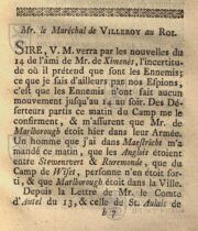 Začátek dopisu z 16. května 1704 adresovaného francouzskému králi; Campagne de Monsieur le Marechal Duc de Villeroy 