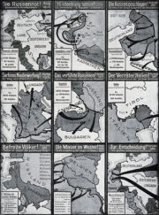 Výklad válečných dějin podle německého Illustrierte Zeitung. Poslední políčko věnované velkým bitvám na západní frontě nepřineslo Německu kýžené rozhodnutí, a tak jediné, čím se mohlo pochlubit, byly vysoké ztráty nepřátel. (VHÚ Praha)