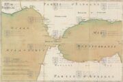 Plán Gibraltarského průlivu s pobřežím Portugalska, Španělska a severní Afriky.
