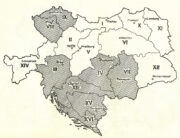 Schematická mapa rozdělení vojenských územních obvodů (sborů) v rámci habsburské monarchie. Sbory, na něž se vztahovala částečná mobilizace, označuje šrafování. V hranicích současné České republiky se týkala pouze pražského VIII. sboru a litoměřického IX. sboru FOTO Sbírka VHÚ