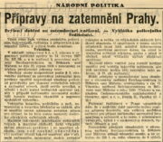 Zpráva o přípravách na zatemnění Prahy. Národní politika 1. září 1939.