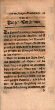 Začátek kapitoly o zápalu plic; SWIETEN, Gerard van. Kurze Beschreibung und Heilungsart der Krankheiten welche am öftesten in dem Feldlager beobachtet werden