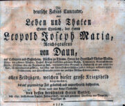 Rozkládací titulní list prvního dílu knihy. Der deutsche Fabius Cunctator, oder Leben und Thaten Seiner Excellenz, des Herrn Leopold Joseph Maria, Reichsgrafens von Daun