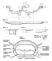 Typické objekty v rovinatém terénu na jižní frontě obranného perimetru pevnosti Tobrúk. Nahoře schéma objektu R-36, dole schéma překážek