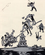 „Dobře se dívejte a poučte se od nás, nezáleží na množství, nýbrž na činech!“, hlásá popisek karikatury otištěné ve vídeňském Die Muskete. Kresba reaguje na úspěchy Ústředních mocností během prvních dvou měsíců roku 1916. Kdyby jen autor tušil, jak příhodné bylo jeho přirovnání k houpačce...